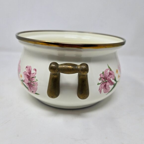 Normandy Taiwan Vintage Lily Floral Enamelware Soup Tureen Pot With Lid & Brass - Picture 7 of 10